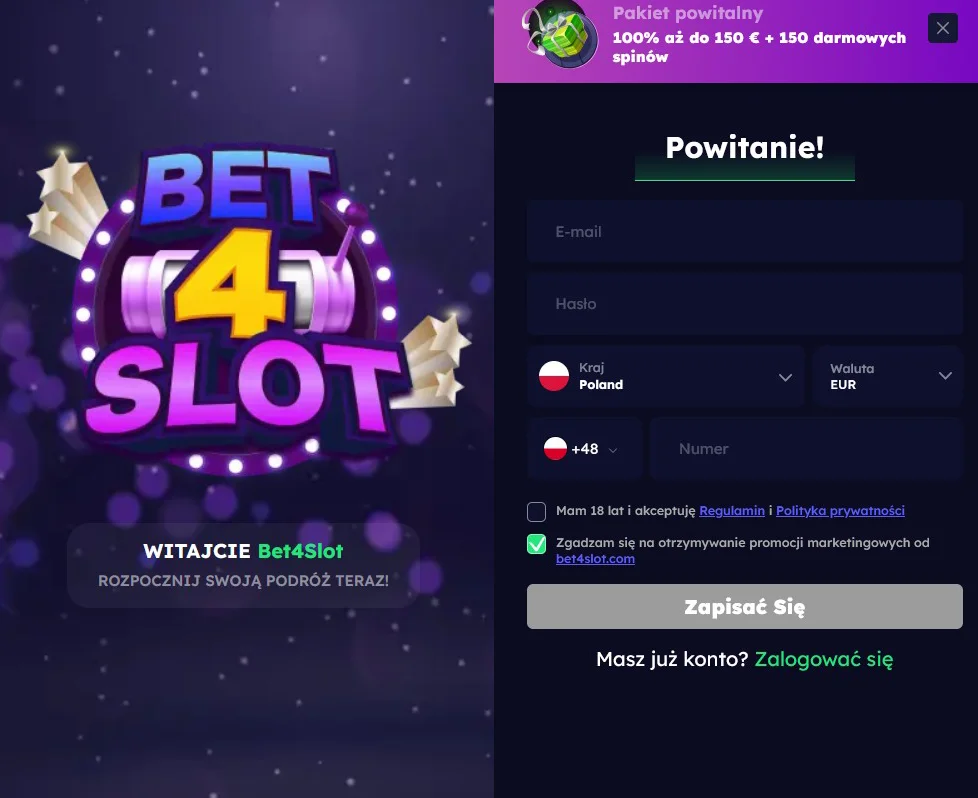 Bet4Slot Formularz Rejestracyjny