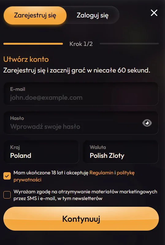 MadCasino Formularz Rejestracyjny