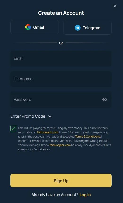 FortuneJack Formularz Rejestracyjny