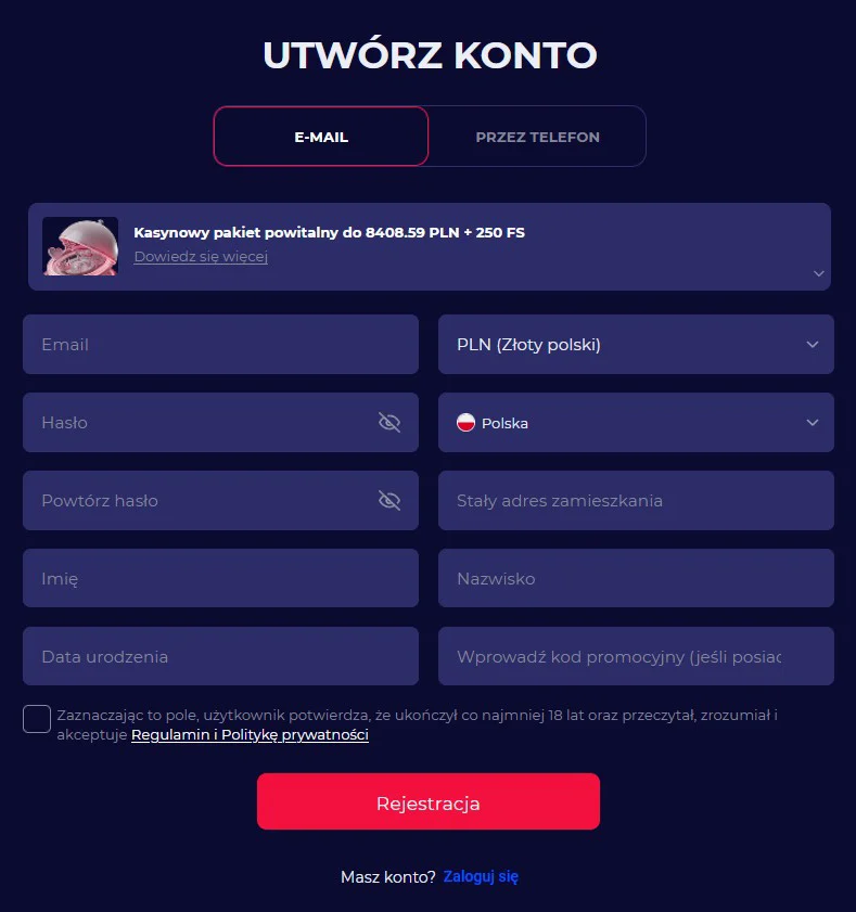 CasinoAndYou Formularz Rejestracyjny