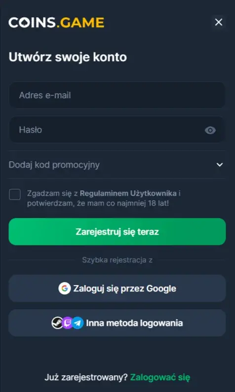 Coins.Game Casino Formularz Rejestracyjny Coins.Game Casino Formularz Rejestracyjny