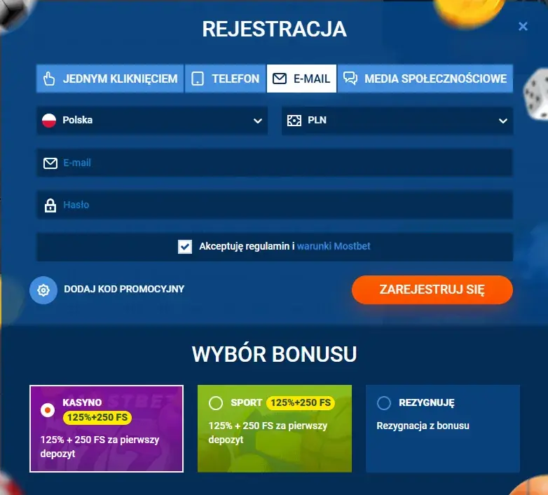 MostBet Casino Formularz Rejestracyjny