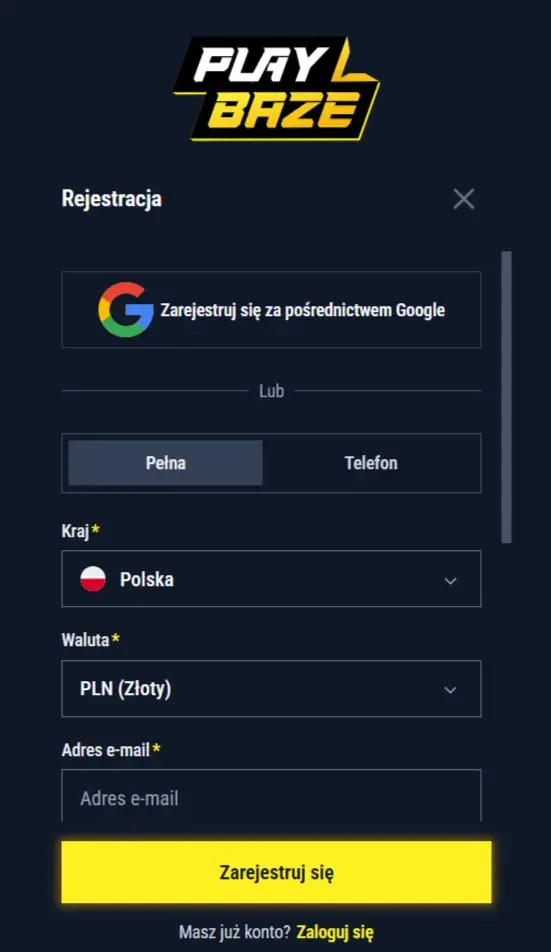 Playbaze Casino registration form